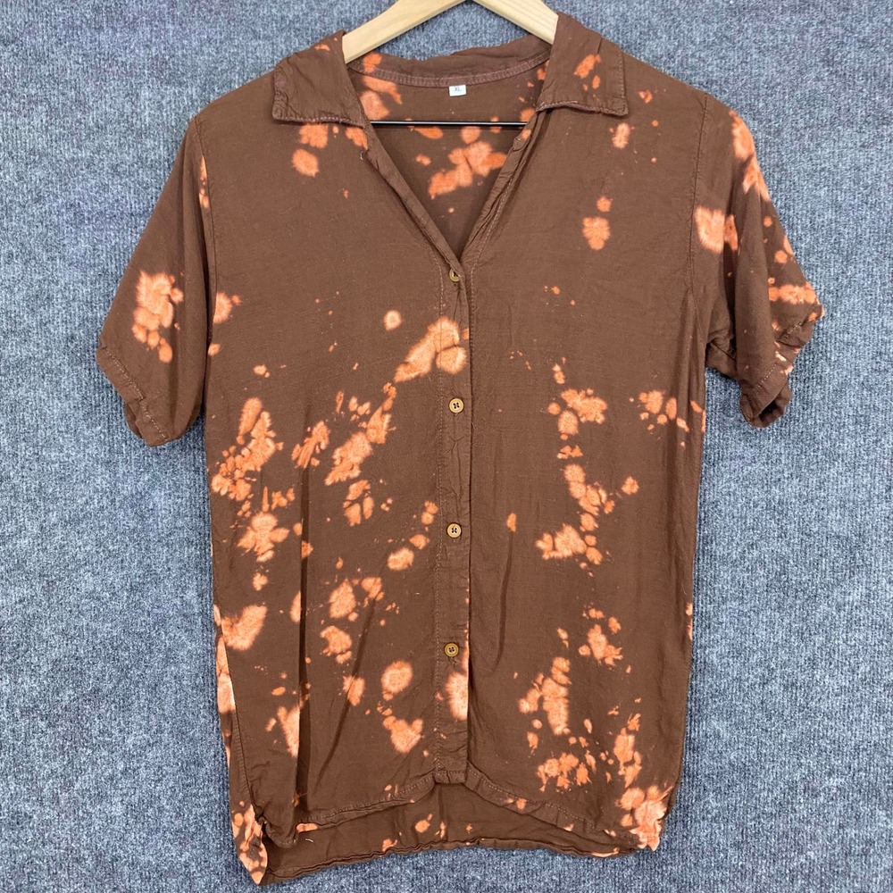 Unbranded Mens XL Brown Bleach Tie Dye Short Sleeve Button Down Shirt Casual Top